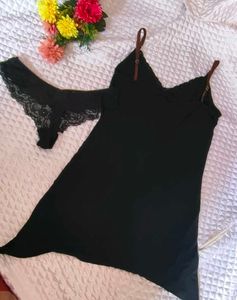 Lace Trim Black Slip nighty with thong