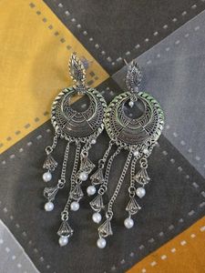 Boho Silver Jhumka Earrings with Pearls
