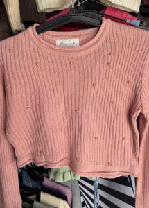 Peach Embellished Cropped Sweater