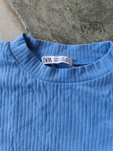 Blue Ribbed Cut-Out Crop Top