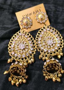 Stunning Golden Jhumka Earrings with White Stone