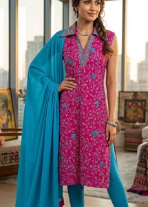 Vibrant Pink Kurta Set with Blue Dupatta