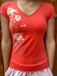 Orange V-Neck Floral Print T-Shirt