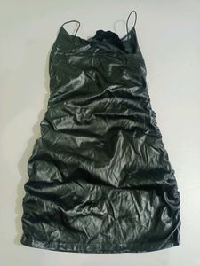 Black Faux Leather Ruched Sexy Mini Dress Large