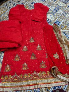 Embellished Red Kurta Set with Dupatta