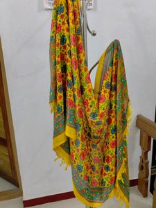 Yellow Floral Printed Dupatta With Beautiful Green Border