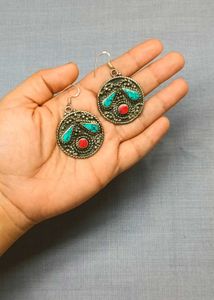 Bohemian Turquoise &amp; Coral Tibetan Silver Earrings