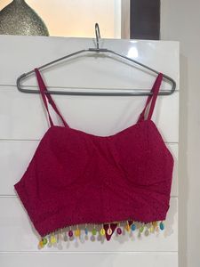 Eyelet Padded Blouse with Colorful Tassels