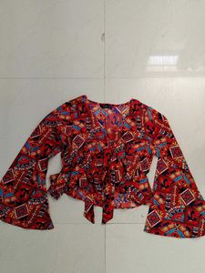 Boho Red Print Bell Sleeve Crop Top
