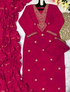 Red Embroidery Kurta Set With Dupatta