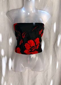 I. Black &amp; Red Floral Strapless Top