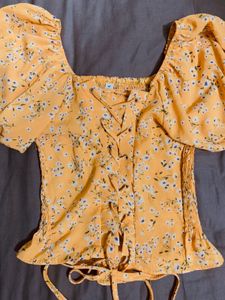 Yellow Floral Lace-Up Crop Top