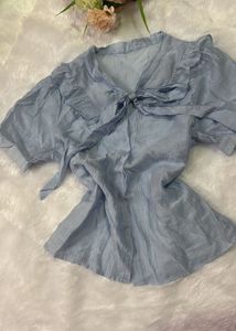 Light Blue Ruffled Tie-Front Top
