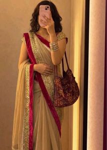 Beige hot red Saree with padded blouse