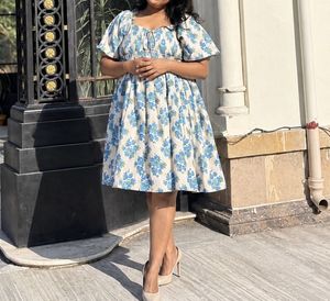 Blue Floral Puff Sleeve Dress
