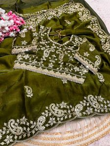 Olive Green Embroidered Silk Saree