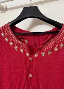 Crimson Red Straight Kurti with Delicate Golden Ne