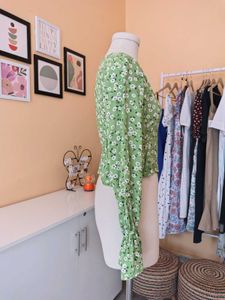 Green Floral Tie-Front Blouse