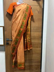Peach Silk Saree with Ruby & Emerald Border🌹🫰🏻