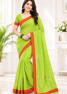 Vibrant Green Embroidered Saree with fall