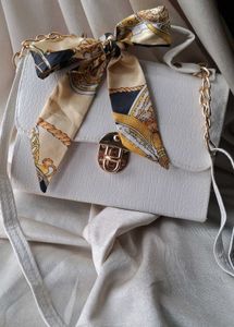 Chic White Shoulder Bag with Scarf Detail
