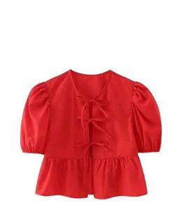 Elegant Red Bow Detail Puff Sleeve Peplum Top🌸
