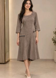 Taupe Suede-like Midi Dress with Zippers polyester