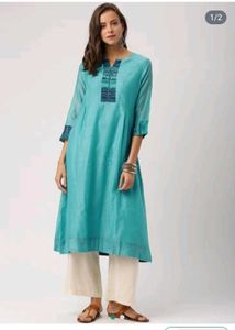 Sea green Kurti with Embroidered Neckline