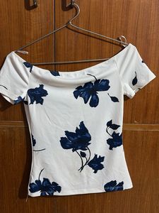 White Off-Shoulder Top with Blue Floral Print