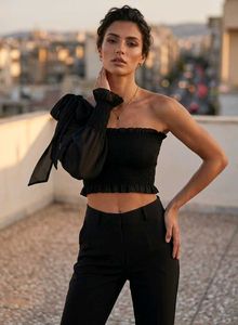 Chic Black one hand Off-Shoulder Smocked Crop Top