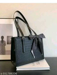 Chic Black Croc Tote Bag with Scarf Accent
