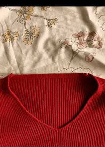 2 Ribbed V-Neck Long Sleeve Tops [BLUE+RED]