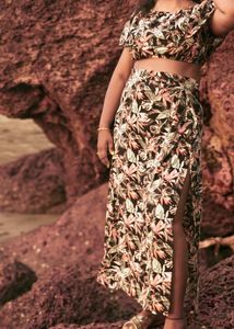 Frill Off Shoulder Crop Top With Side Slit Skirt