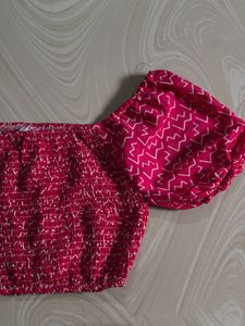 hot pink Smocked Puff Sleeve Crop Top, size M