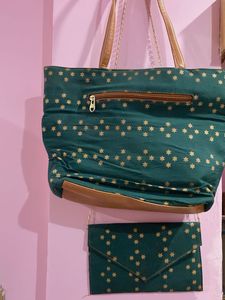 Green &amp; Gold Tote Bag with Pouch