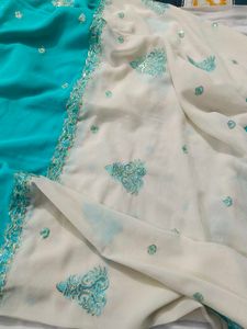 Elegant Teal &amp; White Saree with Blouse