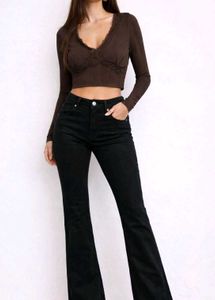 Brown Ribbed Lace Trim Crop Top💅