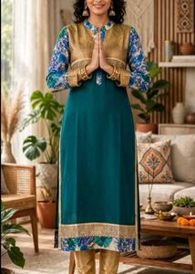 Elegant Teal Kurta Set with Floral Sleeves