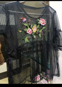 Embroidery Black sheer net top