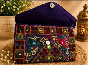 🌸 Phoolwari Indigo Clutch with  Mirror Work