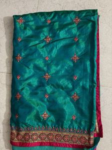 Beautiful Teal Embroidered Silk Saree