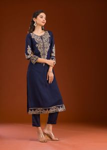 Embroidered Navy Blue Kurta