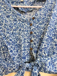 Blue Floral Tie-Front Cropped Blouse
