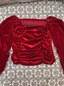 Red Velvet Ruched Square Neck Top