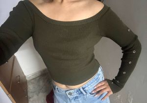 Olive Green Off-Shoulder Eyelet Top
