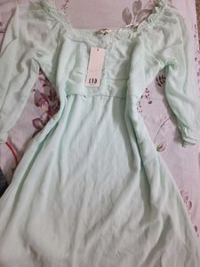 Light Green Puff Sleeve Square Neck Dress