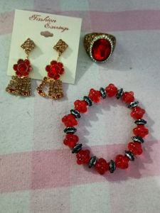 Red Colour Earrings, Bracelet And Ring Set