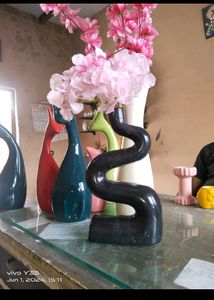 Brand New Set of 2 Matte Black Wavy Ceramic Vases