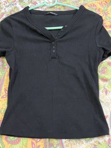 Ribbed Black Henley Top