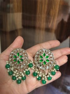 Green Kundan Chandbali Earrings